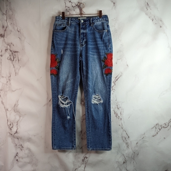 Pacsun Mom Jean Size 26 High Rise Rose Floral Embroider Distress Denim Button - Picture 1 of 12